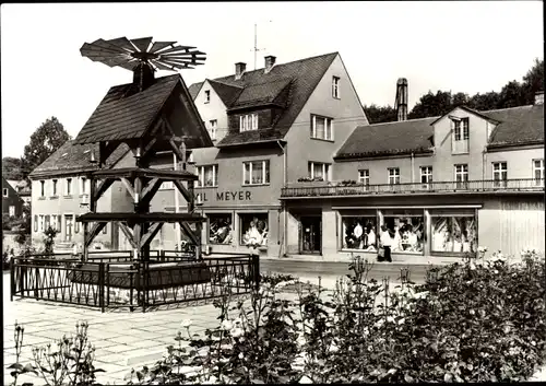 Ak Raschau im Erzgebirge, Parkanlage am Haus der Volkskunst, Geschäft Emil Meyer