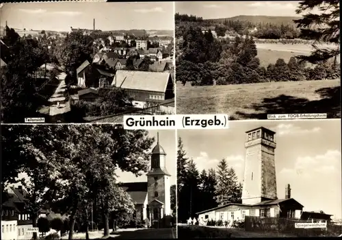 Ak Grünhain im Erzgebirge Sachsen, Teilansicht, FDGB Erholungsheim, Markt, Spiegelwaldturm