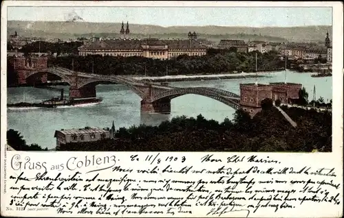 Ak Koblenz am Rhein, Panorama, Brücke