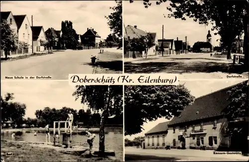 Ak Doberschütz in Sachsen, Neue Schule in der Dorfstraße, Bad, Konsum-Gaststätte