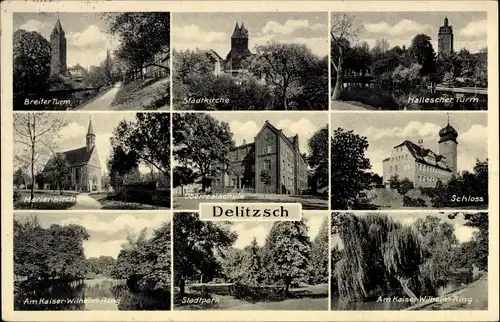 Ak Delitzsch in Sachsen, Stadtpark, Schloss, Hallescher Turm, Stadtkirche, Breiter Turm, Realschule