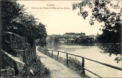 Ak Colditz in Sachsen, Partie an der Mulde mit Blick auf das Schloss