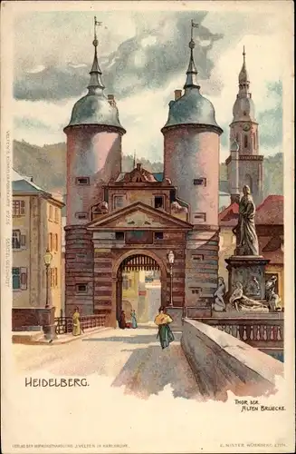 Künstler Litho Heidelberg am Neckar, Tor der alten Brücke