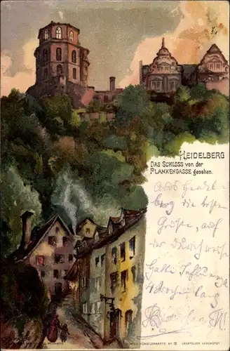 Künstler Litho Pfaff, C., Heidelberg am Neckar, Schloss von der Plankengasse gesehen