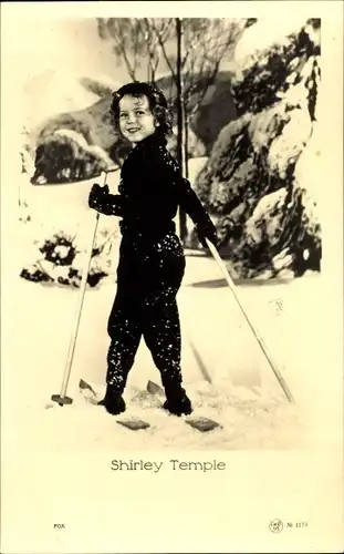 Ak Schauspielerin Shirley Temple, Portrait mit Skiern , Fox