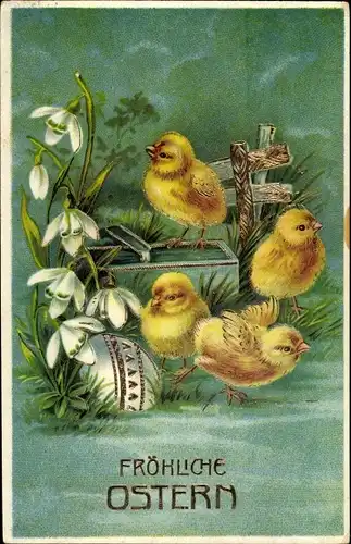 Ak Glückwunsch Ostern, Küken, Osterei, Maiglöckchen