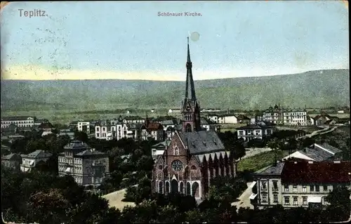 Ak Teplice Teplitz Schönau Reg. Aussig, Blick auf die Schönauer Kirche und Ort