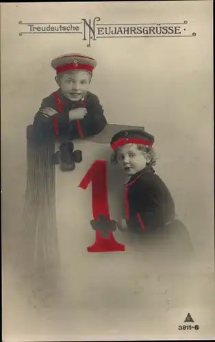 Ak Glückwunsch Neujahr, Treudeutsche Neujahrsgrüße, Kinder in Uniform, Kalender