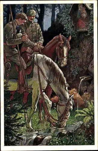 Künstler Ak Waldandacht, Soldaten auf Pferden beten an einem Wegkreuz