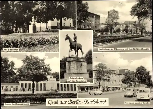 Ak Berlin Lichtenberg Karlshorst, Reiterdenkmal auf der Rennbahn, Hermann Duncker Straße, S Bahnhof