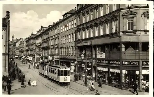 Ak Chemnitz in Sachsen, Straßenbahn in der Poststraße, Geschäft Hugo Görnitz