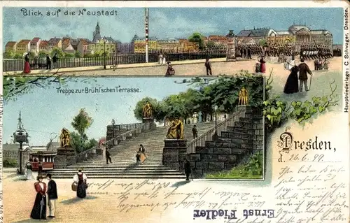 Litho Dresden, Treppe zur Brühl'schen Terrasse, Blick auf die Neustadt