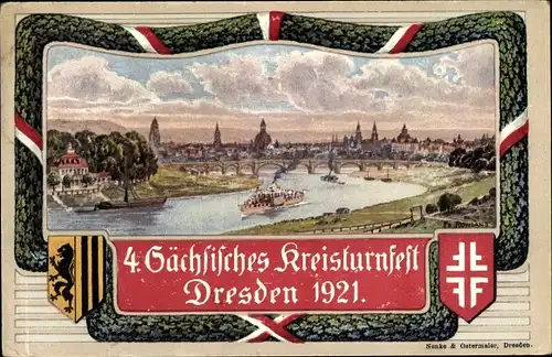 Künstler Wappen Ak Dresden, 4. Sächsisches Kreisturnfest 1921, Stadtansicht vom Waldschlösschen aus
