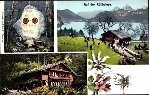 Ak Rütli Seelisberg Kanton Uri, auf der Rütliwiese, Krauer- u. Greith Denkmal, Gasthof, Edelweiß