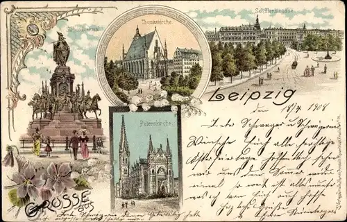 Litho Leipzig in Sachsen, Siegesdenkmal, Peterskirche, Thomaskirche, Schillerstraße