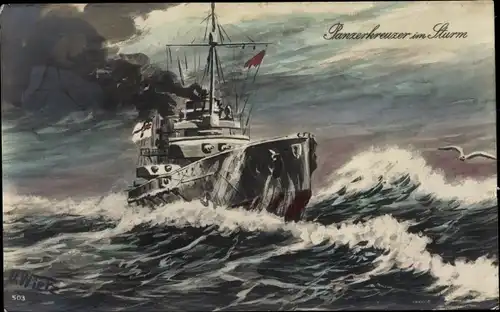 Künstler Ak Wietz, O., Deutsches Kriegsschiff, Panzerkreuzer im Sturm