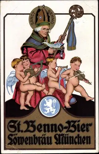 Künstler Ak St. Benno Bier, Löwenbräu München, Engel, Reklame