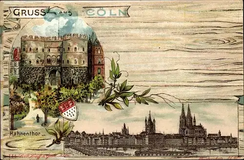 Litho Köln, Hahnentor, Wappen, Panorama mit Rhein und Dom