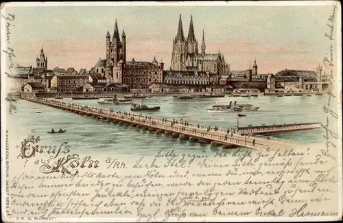 Litho Köln am Rhein, Stadtbild mit Brücke