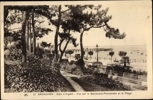 Ak Arcachon Gironde, Le Boulevard-Promenade et la Plage