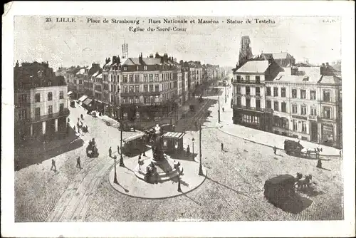 Ak Lille Nord, Église Sacré Coeur, Place de Strasbourg, Statue, Rue