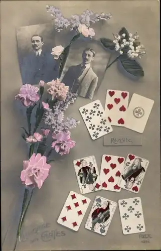 Ak Spielkarten, Langage des Cartes, Männerportraits, Blumen