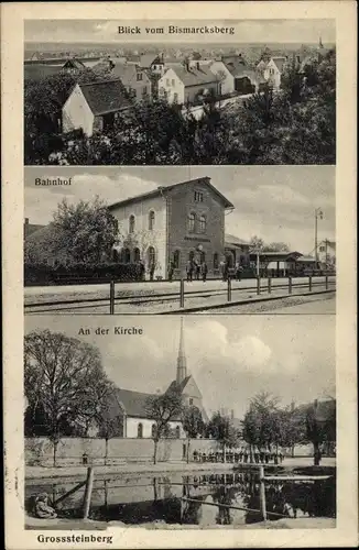 Ak Großsteinberg Parthenstein in Sachsen, Panorama vom Bismarckberg, Bahnhof, Kirche