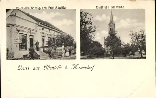 Ak Glienicke Nordbahn, Kolonialwarenhandlung Fritz Scheffler, Dorfstraße, Kirche