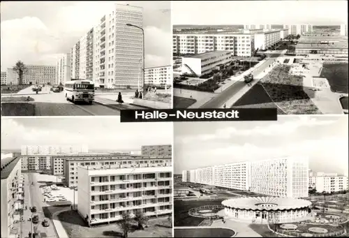 Ak Neustadt Halle an der Saale, Delta Kindergarten, Autobus, Hochhäuser