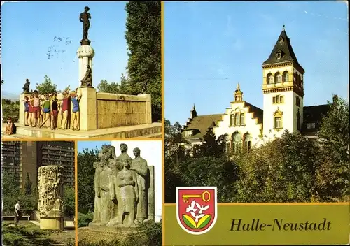 Ak Neustadt Halle an der Saale, Hodscha Nasreddin Brunnen, Aufbauhelfer, Völkerfreundschaft, Wappen