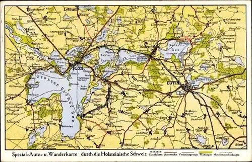 Ak Landpoststempel Bosau über Eutin, Auto und Wanderkarte durch die Holsteinische Schweiz