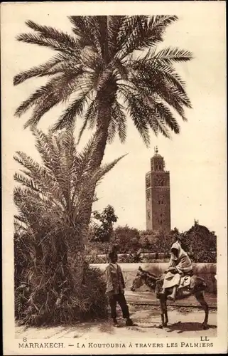 Ak Marrakesch Marokko, La Koutoubia a travers les palmiers, Minatrett, Eselsreiter, Palme