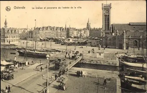 Ak Oostende Ostende Westflandern, La Station et panorama de l'entrée de la ville