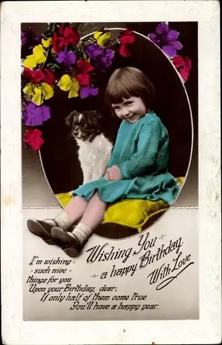 Präge Ak Glückwunsch Geburtstag, Mädchen mit Hund, Blüten
