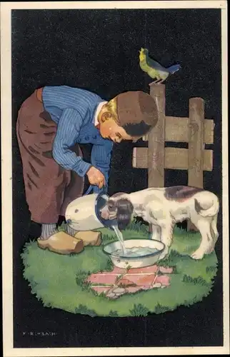 Künstler Ak Junge füttert einen Hund