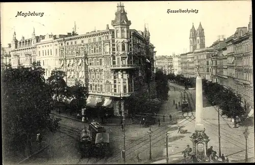 Ak Magdeburg in Sachsen Anhalt, Hasselbachplatz, Straßenbahn