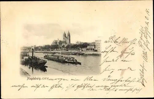 Ak Magdeburg an der Elbe, Dampfer, Lastkahn
