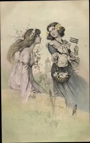 Künstler Ak Ostern, zwei junge Frauen, Ostereier, Munk