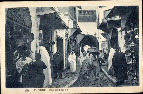 Ak Tunis Tunesien, Rue de l'Église, Kirchenstraße, Passanten
