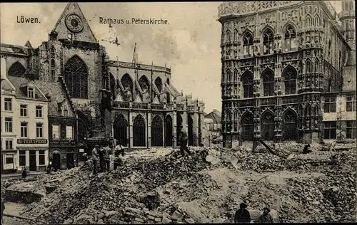 Ak Louvain Leuven Löwen Flandern Flämisch Brabant, Rathaus, Peterskirche, Kriegszerstörung