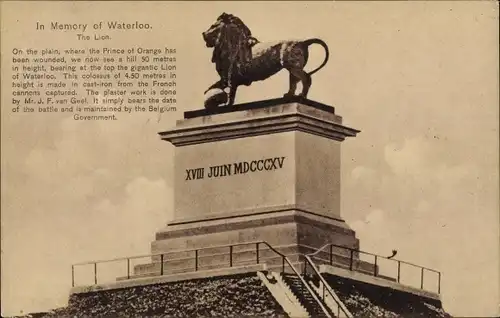 Ak Waterloo Wallonisch Brabant, In Memory, The Lion