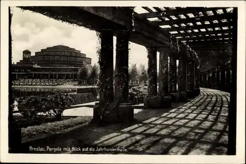Ak Wrocław Breslau Schlesien, Pergola mit Blick auf die Jahrhunderthalle