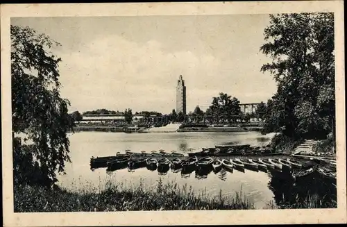 Ak Magdeburg, Adolf Mittag See mit Ausstellungsturm