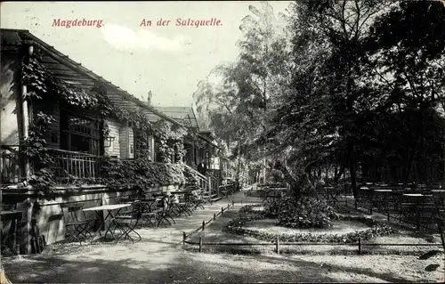 Ak Magdeburg in Sachsen Anhalt, An der Salzquelle, Terrasse