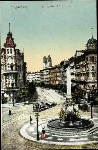 Ak Magdeburg an der Elbe, Hasselbachbrunnen, Straßenbahn