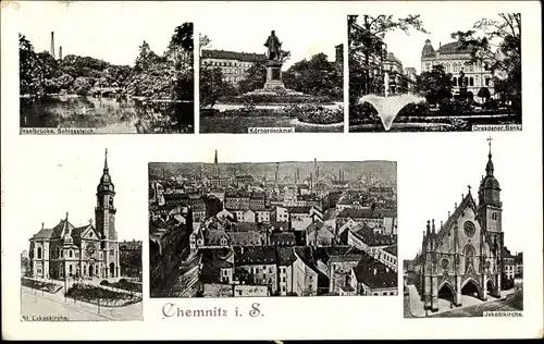 Ak Chemnitz in Sachsen, Jakobikirche, Dresdener Bank, Körnerdenkmal, Lukaskirche