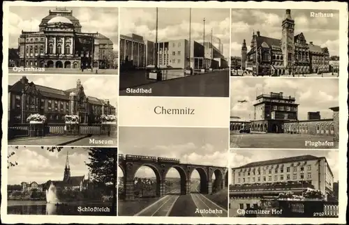 Ak Chemnitz Sachsen, Rathaus, Flughafen, Schlossteich, Museum, Autobahn, Stadtbad