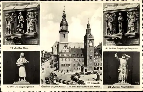 Ak Chemnitz Sachsen, Glocken und Kunstuhrenspiel im alten Rathaus, Figuren