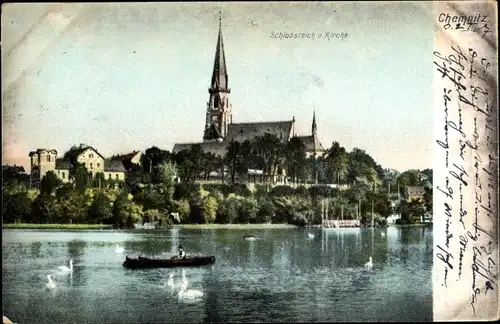 Ak Chemnitz, Schlossteich und Blick auf die Kirche, Ruderboot, Schwäne