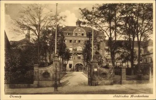 Ak Chemnitz, Städtisches Krankenhaus, Außenansicht, Eingangsportal